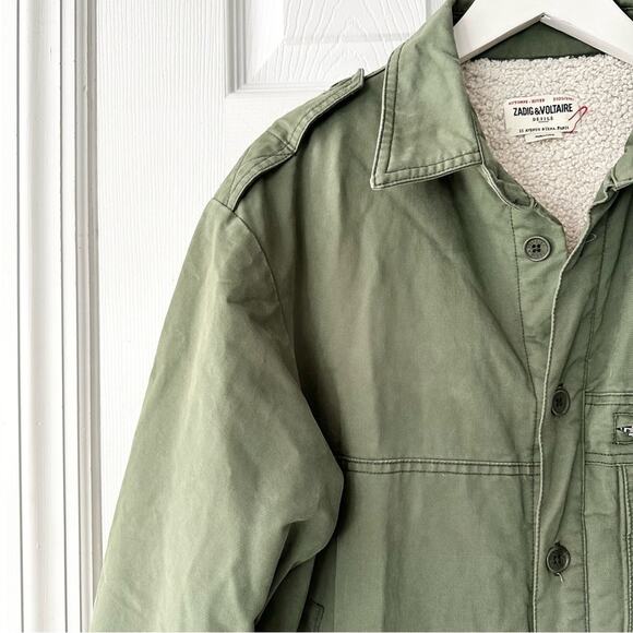 Zadig & Voltaire Military Green Troyh Mili Shearling Lined Utility Jacket Medium - Picture 5 of 15